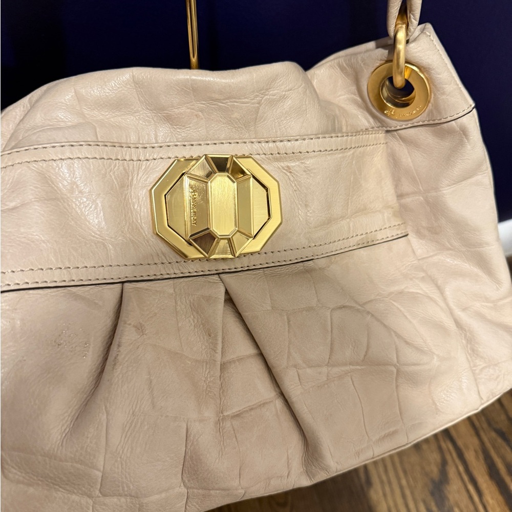 B. Makowsky Cream and Gold Shoulder Bag with Quilted Leather